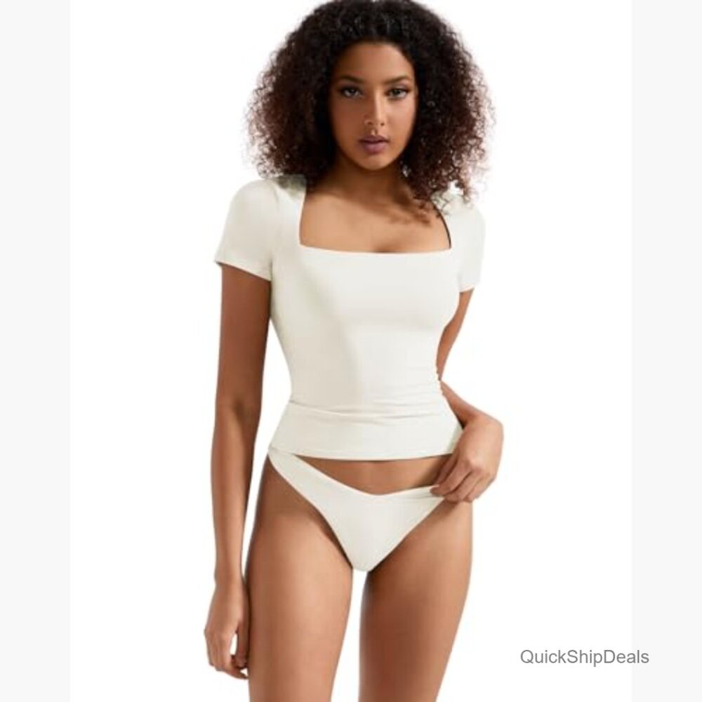 Double Lined Fitted Basic Tee Square Neck Short S… - image 2